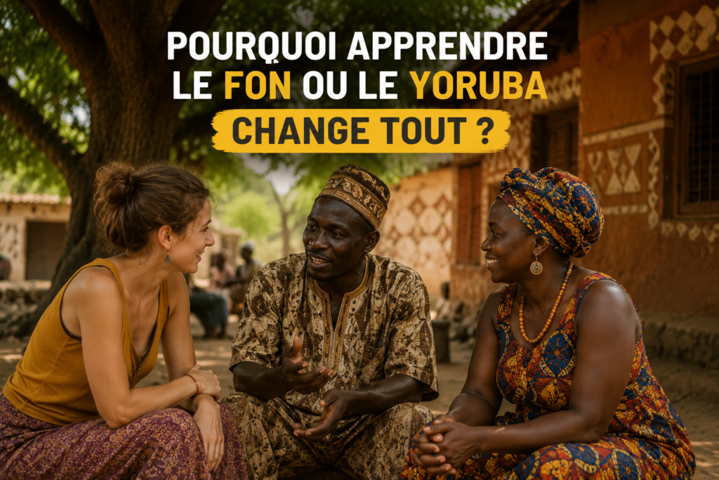 Echange entre voyageur de Toffa Travels et locaux lors d'un séjour linguistique au Bénin